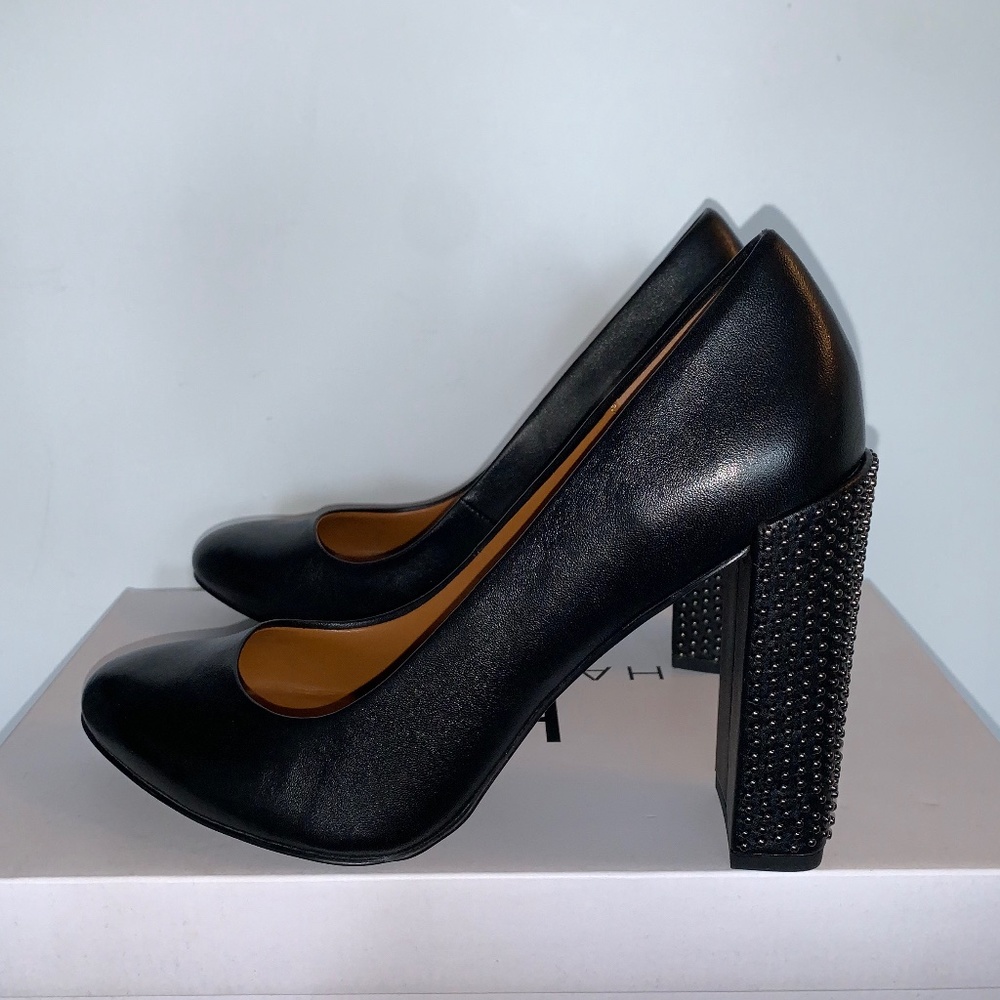 H by Halston, 8.5, black leather round toe pumps, with tiny studs, nearly new.